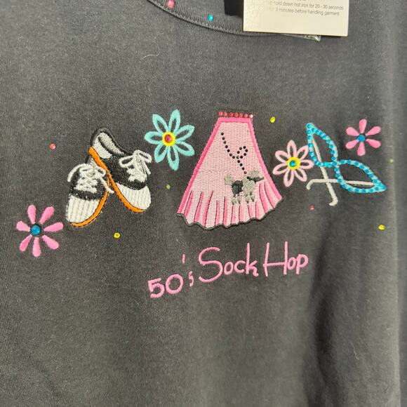 Quacker Factory Top Women L Black 50's Sock Hop 1/2 Sleeve 100% Cotton Novelty - Picture 6 of 7